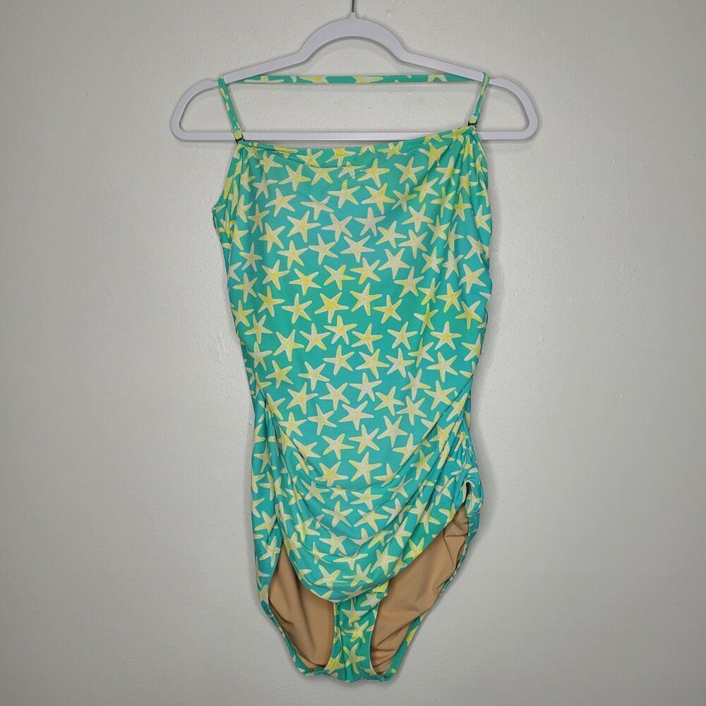 J Crew green yellow starfish print beachy halter one piece swimsuit size xl